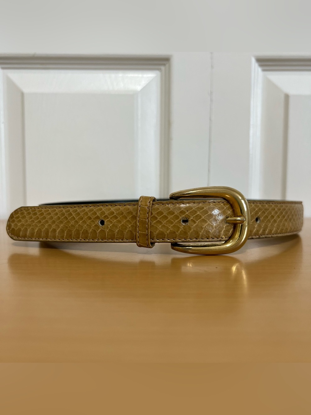 Women's Tan Snake Skin Leather Belt with Gold Buckle Size Small